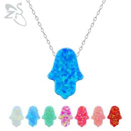 Opal Hamsa Choker Pendant Necklace Fatima Hand Charm Natural Stone Israel Jewish 925 Sterling Silver Jewelry291j