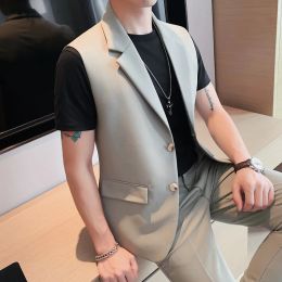 Vests Men Korean Streetwear Fashion Vintage Suit Vest Loose Casual Cityboy Waistcoat Sleeveless Blazer Jacket Man Vest Coat S4XL