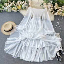 Dresses Elegant White Fairy Chiffon Dress Summer Sexy Off Shoulder Maxi Dress Puff Sleeve Beach Party Dress Vintage Boho Ladies Robe