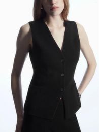 Women's Jackets Wool Blend Sleeveless V-Neck Tank Jacket Spring Female Grey Or Black Slim Vest Coat Outwear Tops