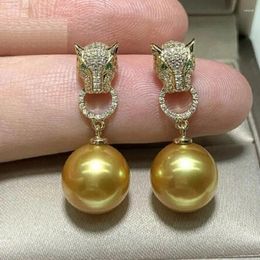 Stud Earrings Gorgeous 10-11mm Round South China Sea Gold Pearl 925s