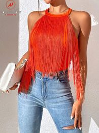 Sexy Women Summer Solid Colour Tanks Patchwork Design Tassel Decor Halter Sleeveless Slim Pullovers Top 240229