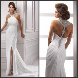 New Sparkling Halter Crystal Beading Evening Dresses Slit Sleeveless Pleat Mermaid White Long Chiffon Formal Prom Party Gown 138267i