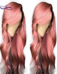 Side Part Natural Long Body Wave 360 lace wig with bangs black roots Ombre Pink Synthetic Lace Front Wig for women Cosplay7731939