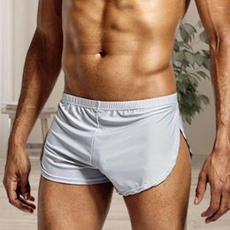 Underpants Men Breathable Low-rise Shorts Panties Solid Color Elastic Waist Side Split Ice Silk Lounge Sleepwear