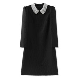 2024 Spring Black Contrast Colour Panelled Dress Long Sleeve Lapel Neck Jacquard Knee-Length Casual Dresses W4M014404