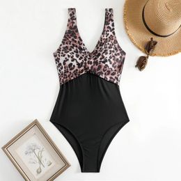 Women's Swimwear Vintage Black Leopard Print Swimsuit Women Halter V Neck Patchwork Tummy Control One Piece Beach Bathing Suit Monokini