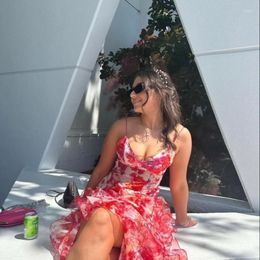 Casual Dresses Tierred Ruffles Flower Print Sling Maxi Dress Fashion Bohe Sleeveless Bodycon Vestidos Female Beach Holiday Long Robe 66