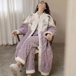 Women's Sleepwear Embroidery Vintage Nightgown Sets Long Sleeve Pants Velvet Women Flannel Autumn Winter Warm Thick Clothes