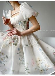 Womens Dress French Elegant Flower Chiffon Party Evening Beach Fairy Long Sleeve Korean Summer Plus Size Midi 240226