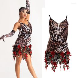 Stage Wear 2024 Latin Dance Dress For Women Sexy Backless Leopard Practise Clothes Chacha Rumba Tango Adult DN17391