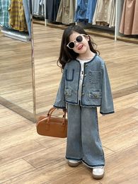 2024 Spring Kids denim jacket girls letter printed long sleeve bottoming T-shirt children patchwork Colour wide-legs jeans Z7064