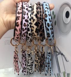 PU Leopard Print Bracelet keyring Cactus Leopard printed leather bangles with tassel keychain 25 designs fashion jewelry7647300