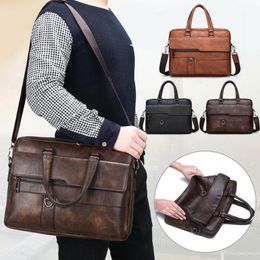SHUJIN Retro Men PU Leather Black Briefcase Business Men Handbags Male Vintage Shoulder Messenger Bag Large Laptop Handbags1260w
