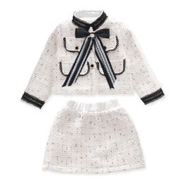 2pcs Girls Tweed Sets Kids Spring Autumn Long Sleeves Princess Top and Skirt Elegant Designed Uniform Luxury Party Clothes 1-8Ys 240229