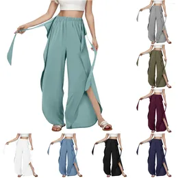 Women's Pants 2024 Women High Waist Yoga Lace Up Elastic Loose Side Split Casual Long Trousers Summer Vintage Wide Leg