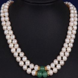 2 ROW 8-9MM SOUTH SEA WHITE GREEN JADE MOTHER PEARL NECKLACE YELLOW CLASP260h