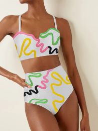Swimwear 2023 Summer New Fashion Graffiti Colour Block Print Beach Vacation Ladies Design Bikini White Pink Swimsuit And Cover Up