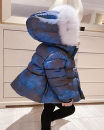 new coat Children down coat Winter Winter 2021 children039s medium length starlight blue down jacket with large hair collar6607862