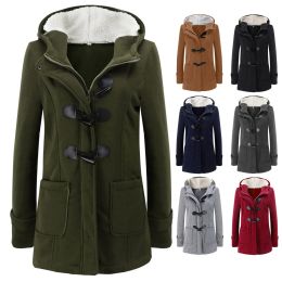 Blends Womens Winter Coats Thicken Sherpa Lined Jacket Fashion Horn Button Hooded Outwear Warm Wool Blended Pea Coat Pockets
