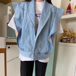 Women's Vests 2024 Ruffles Oversize Denim Jacket Fashion Sleeveless Large Size Vest Tops Chic Streetwear Jeans Coat Single Breasted