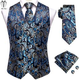 Vests HiTie Jacquard Silk Mens Dress Vest Hankerchief Cufflinks Set Waist Coat Jacket Necktie Wholesale for Male Wedding Business Big