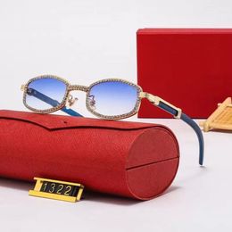 New C Sunglasses Women Designer Glasses Sunglasses for Mens Diamond Micro-paved cut Small Frame Oval Unique Gold Metal Wooden Shoo2464