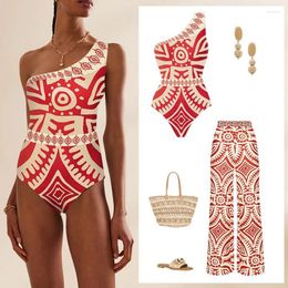 Women's Swimwear One Shoulder Integrated Swimsuit Personalized Ethnic Style Printing Sexy Bikini Set Beach With Chest Pads Pants 2Pcs