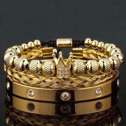 Open Stainless Steel Bangle Men Women Jewellery 3pcs/Set CZ Crown Charms Braiding Macrame Beads Bracelets Gift Pulseira 240228