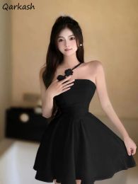 Dress Black Strapless Dresses Women Rose Decoration Fashion Ball Gown New Chinese Style Mini Hotsweet Holiday Female Temperament Party