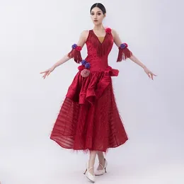 Stage Wear Latin Dance Ballroom Clothes Women V Neck Tassel Tops Flower Skirt Waltz Competition Performance Dress Adult NV19432