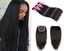 Brazilian Human Hair 3 Bundles With 4x4 Lace Closure Unprocessed Brazilian Straight Virgin Human Hair Weave Extensions Deals With 5110099