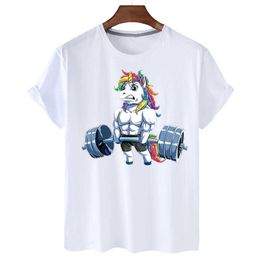 Fun Unicorn Weightlifting Printed Womens Round Neck Short Sleeved T-shirt