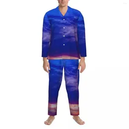 Men's Sleepwear Sunset Pajama Sets Colorful Print Soft Couple Long Sleeves Casual Loose Night 2 Piece Home Suit Plus Size