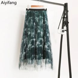 Dresses Women Vintage Oil Painting Mesh Skirt Summer Female Elegant Thin Pleated Skirt High Waist Long Skirts Elastic Waist Plaid Skirts