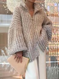 Women's Knits Knitted Cardigan Women Elegant Sequins Sweater Fashion Long Sleeve Zipper Jumpers Causal Chic High Street Loose Female