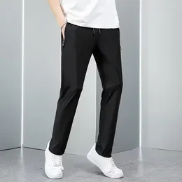 Men's Pants Solid Color Sweatpants Loose Straight Drawstring With Elastic Waist Pockets Breathable Ankle Length For Daily