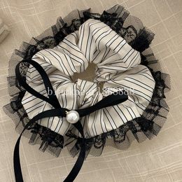 StripedLace Large Intestine Hair Ring Pearl Bow Gentle Tied-up Hair Leather Low Ponytail Hair String Rubber Band HairAccessories