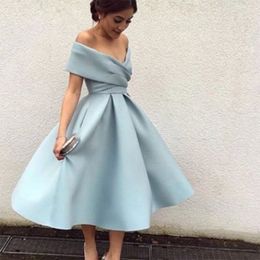 New Arrival Light Blue Cocktail Dress Off The Shoulder Tea Length Short Party Prom Dresses High Quality Homecoming Dresses Formal 2822