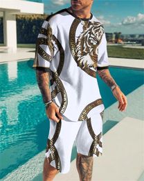 Summer Tracksuit T-shirt Shorts 2 Piece Animal Tiger Printed Outfits Sports Suit Oversized Casual Streetwear Man Sets Clothing 240226
