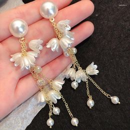 Stud Earrings Trendy Bowknot Long Tassel For Women Shiny Crystal Elegant Pearl Femme Jewellery Wedding Banquet Dangle Gift