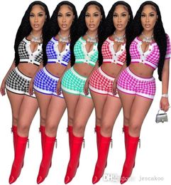 Designer Women 2 Piece Pants Set Fashion Plaid Printed Breasted Open Navel Cardigan Shorts Set Summer Sport Yoga Outfits1648437