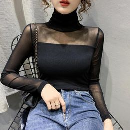 Women's T Shirts Autumn Winter High Collar Shirt Women Sexy Mesh Bottoming Long Sleeve Solid Colour Slim Fit Casual Tops