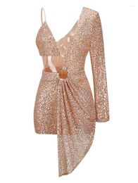 Casual Dresses Sexy One Shoulder Long Sleeve Sequins Mini Vestidos Women Gold Hollow Out Backless Pendant Slim Party Evening Runway