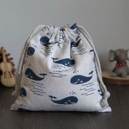 Blue Fish Linen Drawstring Bag 9x12cm 10x15cm 13x17cm pack of 50 Party Candy Sack Makeup Jewelry Gift Packaging Pouch276U