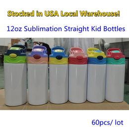 USA STOCKS Sublimation Straight Kid Water Bottles Tumblers Blanks 350ML 12oz Sippy Cup Heat Transfer Coated Cartoon Double Wall St219w