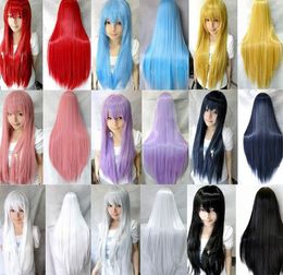 9 Colours Women Heat Resistant Hair Wigs Pink Black Blue Red Yellow white Blonde Purple 80cm Long Straight Cosplay Hair Party Synth2991005