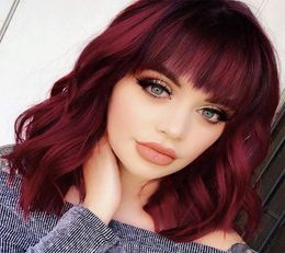 Bob Curly Wig Synthetic Short Wine Red Wig with Bangs Natural Looking Heat Resistant Fibre Hair for Women2159996