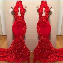 Red Rose Mermaid Prom Dresses New Sexy High Neck Appliques Formal Evening Dresses Sweep Train Cocktail Party Gowns S239A