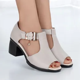 Sandals Women'S Bling Pu Summer Diamond Fish Mouth Buckle Thick Heel Shoes Hollow Casual 2024